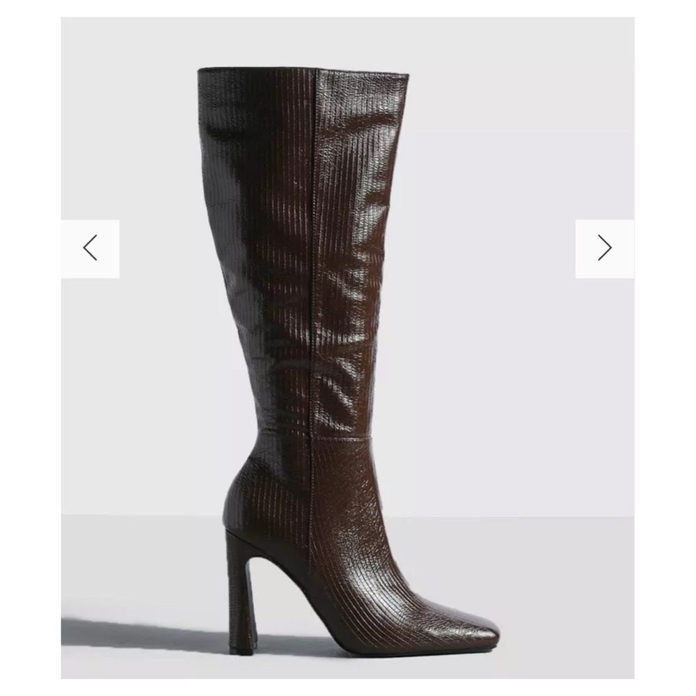 Chocolate brown crocodile style knee high boots - modern square toe